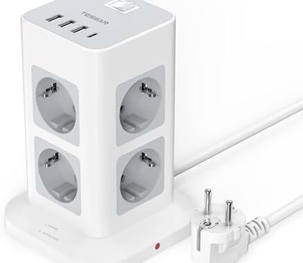 TESSAN 8-Way Multiple Socket with USB C, Power Strip, Surge Protection with 4 USB, Multiple Plug Socket Tower with Switch, Extension Cable 2 m for Home, 3600 W
