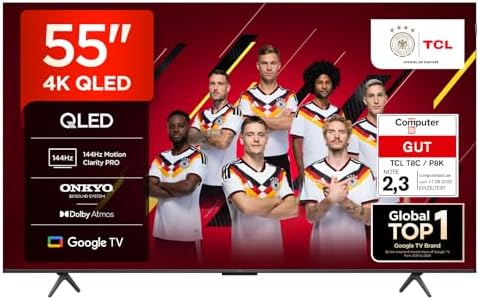 TCL 55T8C 55 Inch QLED 4K HDR UHD TV, Smart Google TV Dolby Vision Atmos, 144Hz Motion Clarity Pro, Game Bar, ALLM, Freesync, Onkyo 2.1 Sound, Voice Control, Compatible with Google Assistant [Energy Class F]